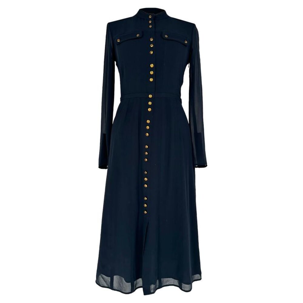 Burberry Button-Down Long Sleeve Midi Dress in Navy Blue Silk